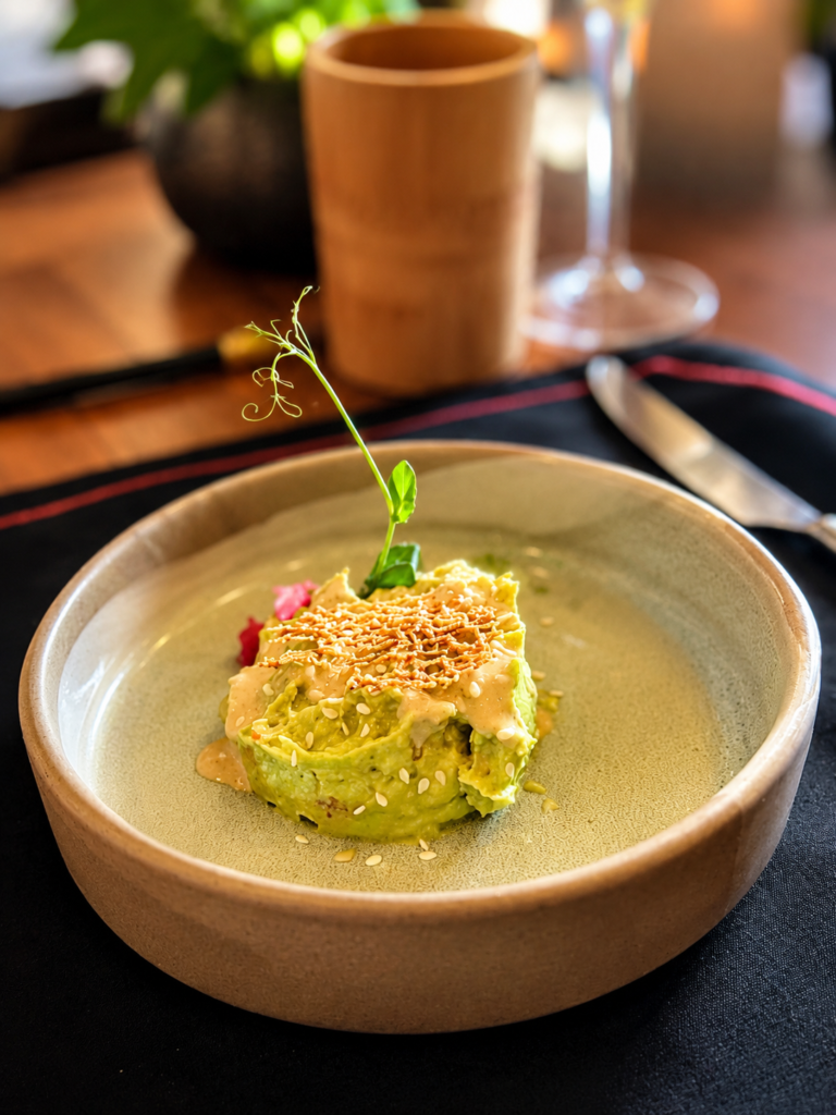 Wasabi Mule, Shio Kombu Ramen, Himalayan Crispy Morel, creamy Avocado Tartare, Vegetable Toban, Tempeh Orek, Nasi Goreng, Mango Pudding Brûlée